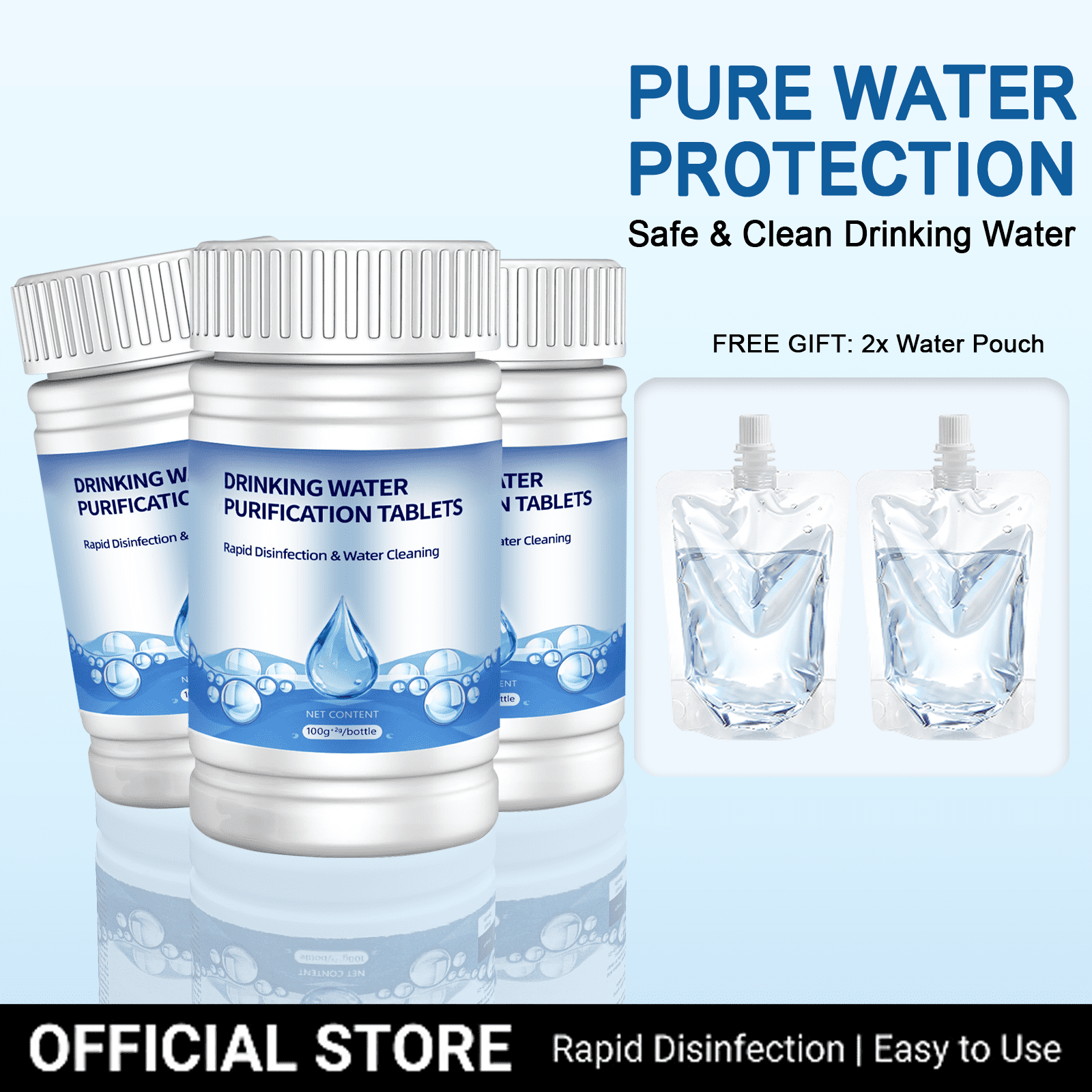 3Bottle Drinking Water Purification Tablets, Portable Water Treatment Tablets for Camping, Hiking, Emergency Survival, Bonus 2 Water Pouches Included