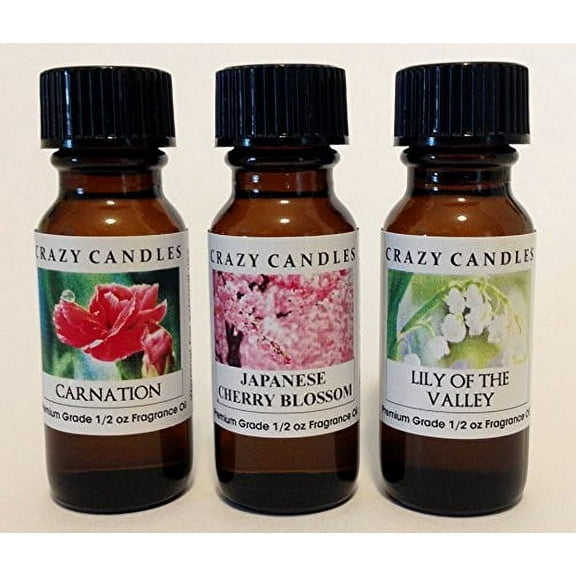 3 Bottles Set, 1 Carnation, 1 Japanese Cherry Blossom, 1 Lily of the Valley 1/2 Fl Oz Each 15ml Premium Grade Scented Fragranc