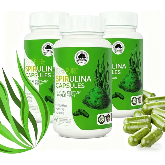 3 Bottles Spirulina Capsules, Premium Spirulina Supplement, Supports Immune System, Healthy Heart, Vegan, Gluten-Free Rich in Prebiotics, Protein Antioxidants 720 Capsules