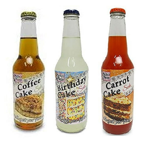 3 Bottles of Cake Flavored Soda Coffee, Birthday Cake, Carrot Cake 12oz Each