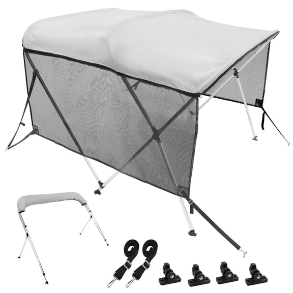 3 Bow 6'L Adjustable Width Boat Bimini Top 600D Polyester Canopy with Mesh Sidewalls, Aluminum Frame, Storage Bag Poles Straps, Light Grey