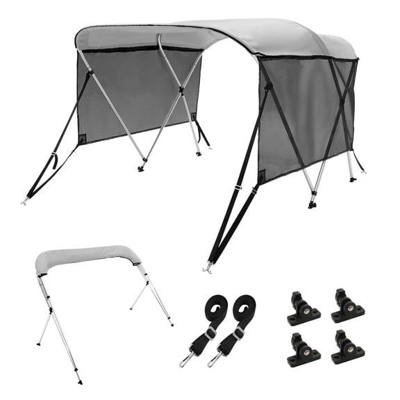 3 Bow Bimini Boat Top with Removable Mesh Sides, 600D Polyester Canopy & Aluminum Frame, Includes Storage Boot, Poles, Straps, Light Gray