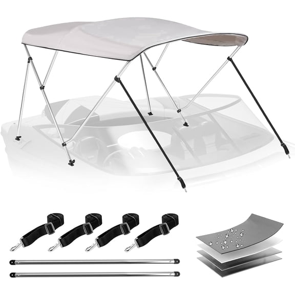 Birodeko 3 Bow Bimini Top for Boats, 900D Heavy Duty Waterproof Boat Canopy with Aluminum Frame, 6'L x 46" H x 67"-72" W, UV Resistant, Gray
