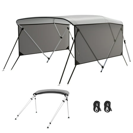 3 Bow Gray Bimini Tops with Mesh Sidewalls Support Poles for Boats,Marine Grade Canvas Top,Include 2 Straps, 2 Adjustable Rear Support Pole, Zippered Storage Boot, Pu Coating Canvas