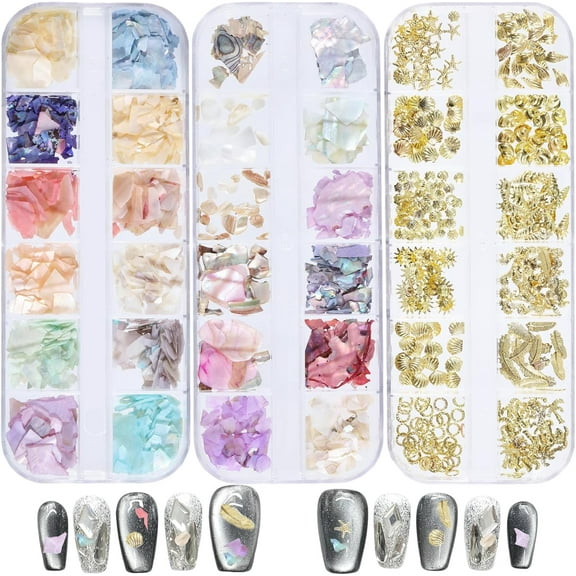 3 Boxs 36 Grids Seashell Nail Art Slices Nail Flakes Irregular Shell Slices Nail Art Glitter Flakes False Acrylic Nails Supplies Mixed Color DIY