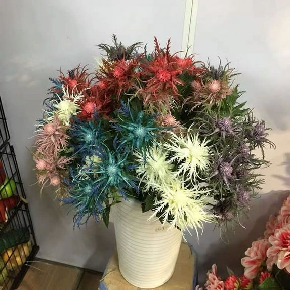 3 Branch Blue Artificial Thistle Flowers Bouquet, Long Stems Silk Thistle Flower, Real Size & Real Touch Fake Thistle Flowers Plants for Home Decor, Garden Wedding, Office, Prom Party