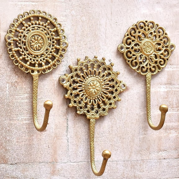 3 Brass Gold Decorative Wall Hooks Boho Key Holder Wall Mount- Shabby Chic- Unique Coat Rack- Gold Vintage Hooks for Hanging- Hat Rack- Towel Holder- Purse Hanger