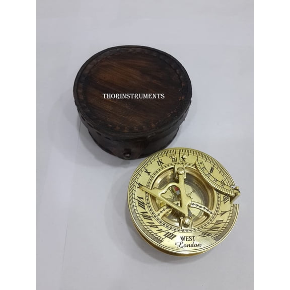 3" Brass Sundial Maritime Compass With Leather Box