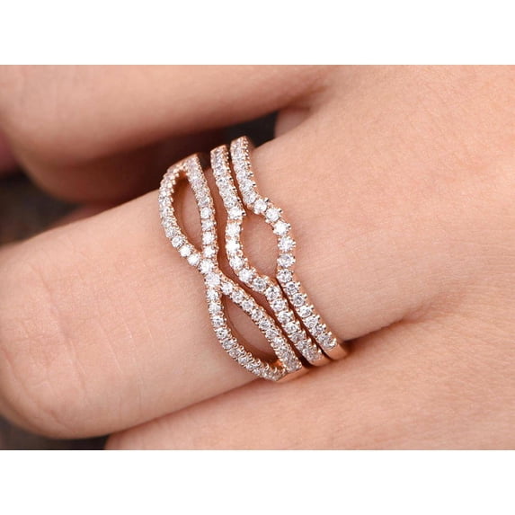 3 Bridal Ring Set Half Eternity Matching Band Split Shank Band Curved U Moissanite Diamond Wedding Bands Solid 10K Rose Gold