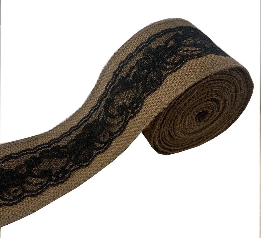 3 Brown Burlap Ribbon With Black Lace 5 Yard Roll Made In Usa-,