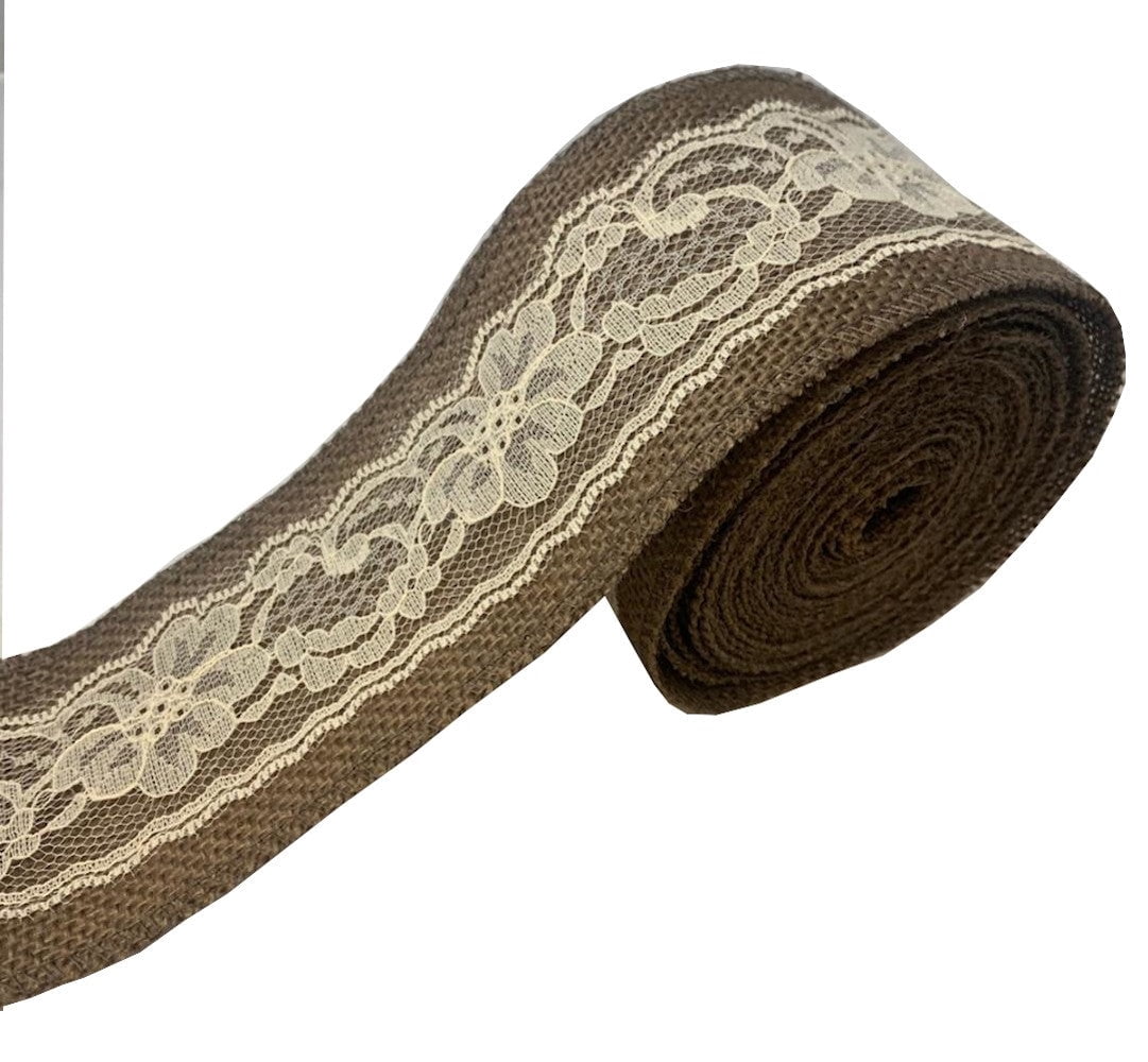 3 Brown Burlap Ribbon With Ivory Lace 5 Yard Roll Made In Usa-,