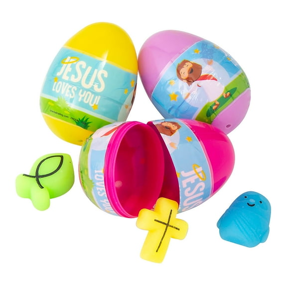 3" Bulk 48 Pieces Religious Mochi Toy-Filled Plastic Easter Eggs