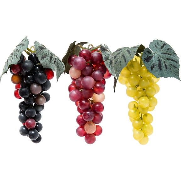 3 Bunches Lifelike Fake Grapes, Realistic Plastic Rubber Faux Artificial Grapes for Decoration, Fruit Wedding Kitchen Wine Decor