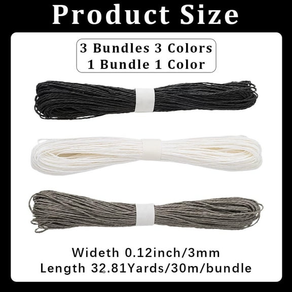 3 Bundles 98.4 Yards Raffia Paper Craft Rope Wrapping Paper String Handmade Black White Grey Twist Craft Twine Cord Ribbons for DIY Making Crafts Party Jewelry Gift Packing Decoration