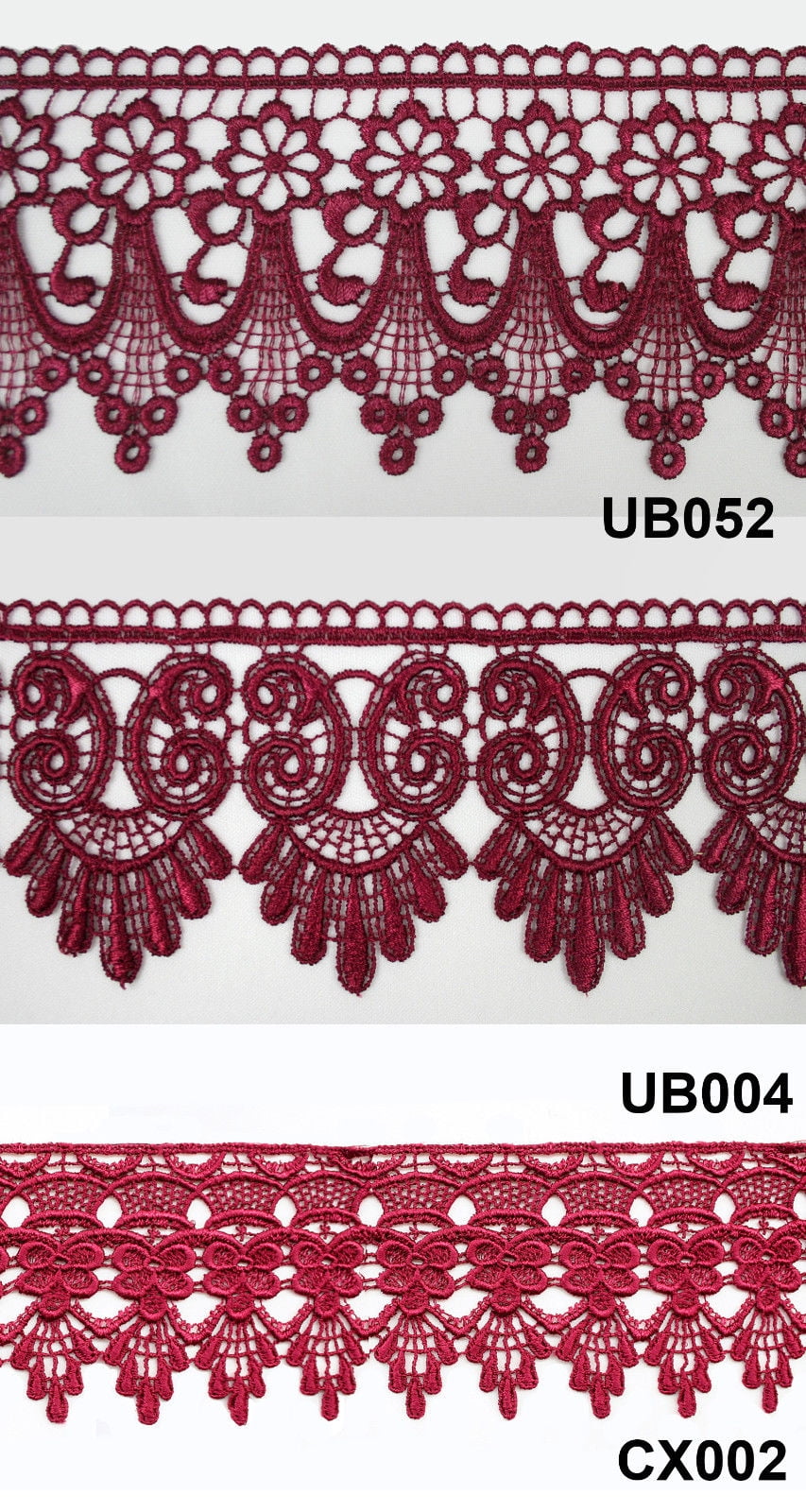 3" Burgundy Maroon Embroidered Venice Lace Trim Floral Guipure Trimming By Yard
