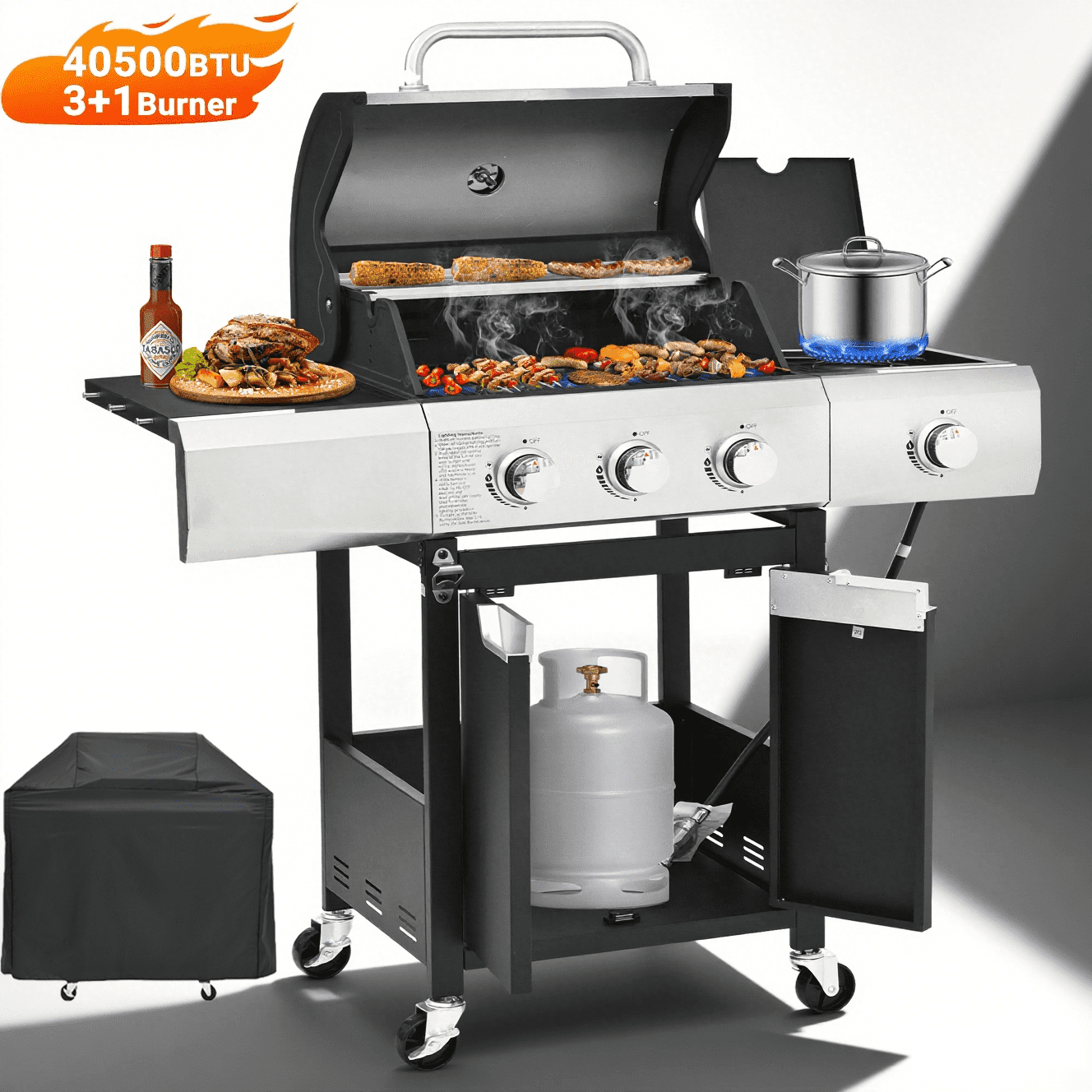 3 Burner BBQ Propane Gas Grill with Side Burner, 40,500 BTU Stainless Steel Patio Backyard Barbecue Grill w/Cover, Foldable Side Table, Thermometer for Outdoor Camping, Silver