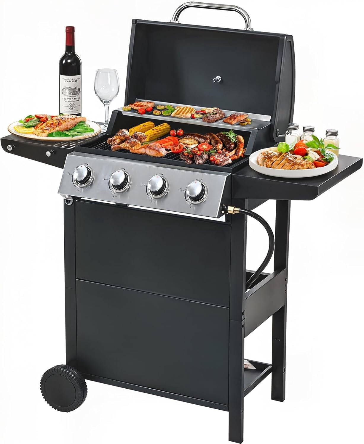 4 Burner Grill Propane Gas Grill, Outdoor Stainless Steel 37230 BTU Patio Garden BBQ Grill with Lid, Wheels for RV Camping Barbecue
