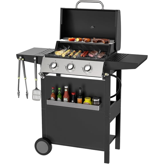 3 Burner BBQ Propane Gas Grill, Stainless Steel Patio Garden 36,000 BTU Barbecue Grill with Side Shelves for Outdoor Cooking