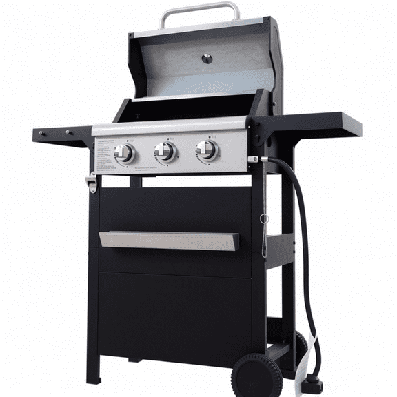 3-Burner Bbq Propane Gas Grill, Stainless Steel, with Lid, Side Shelves & Storage Cabinet, for Camping & Outdoor Cooking