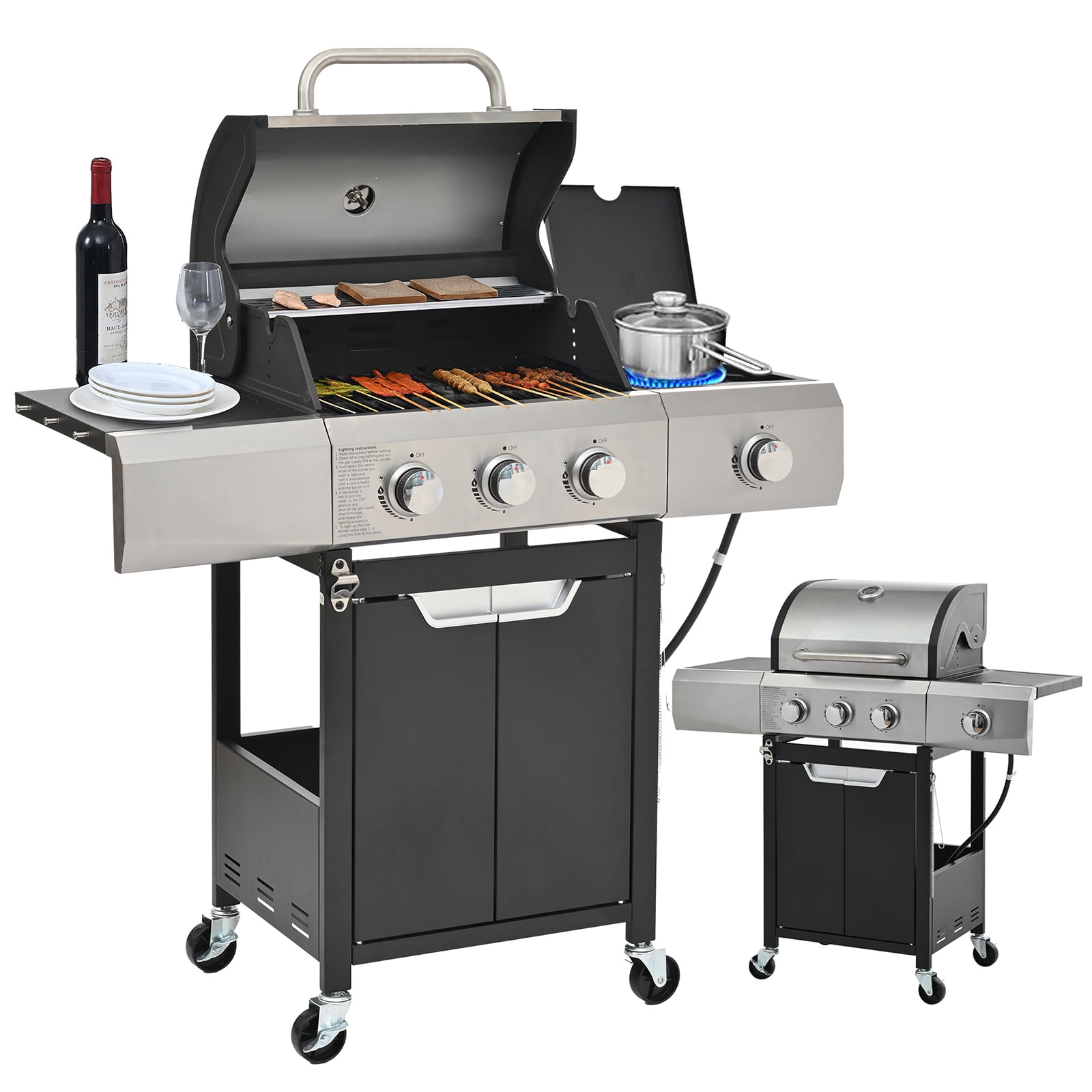 3 Burner Barbecue Grill Stainless Steel Gas Grill, Propane Gas BBQ Grill with Side Burner and Cover for Outdoor BBQ Cooking, Camping