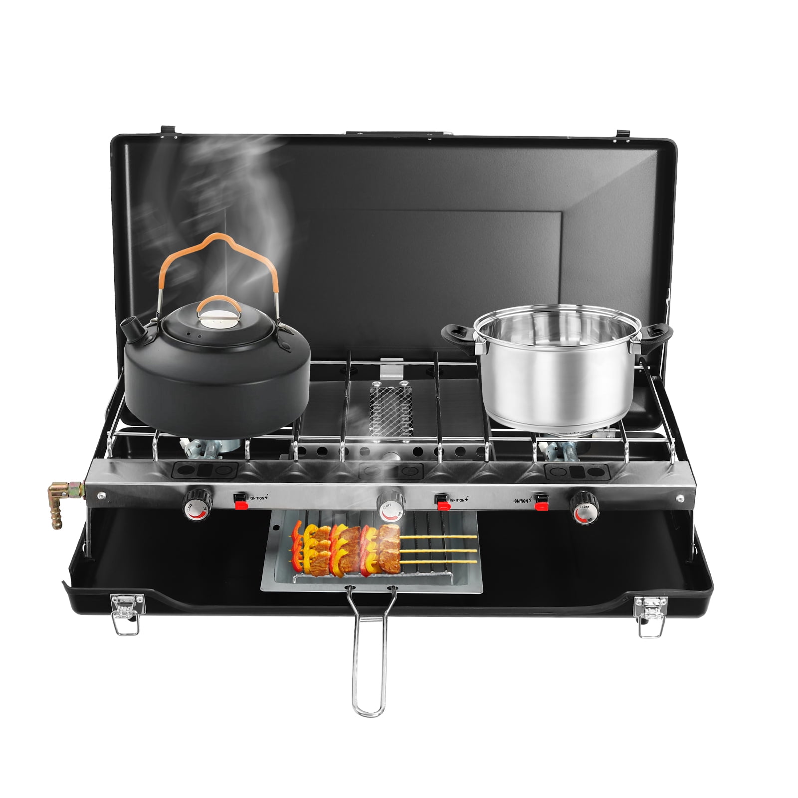 3-Burner Camping Stove, 4.5KW Portable Tabletop Gas Grill Foldable Gas Camping Stove with Removable Grid and Tray for Car Camping Bbq Picnics Outdoor Cooking