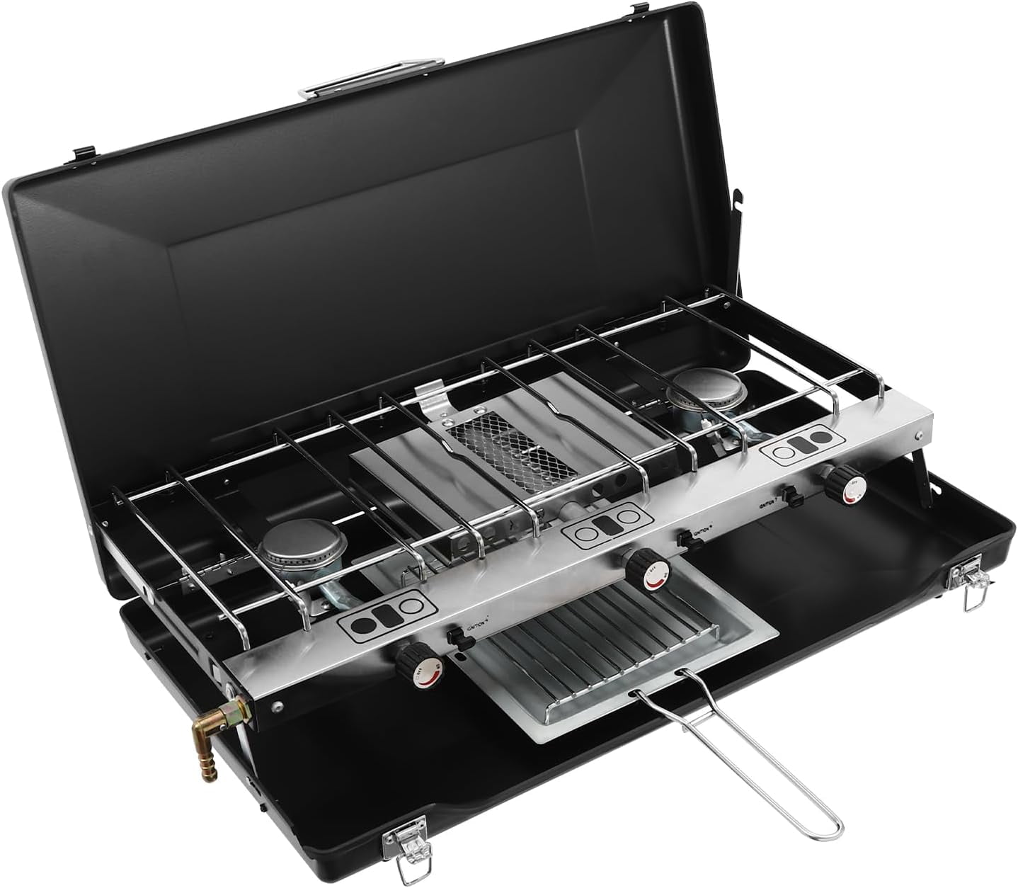 Gas Camping Stove, Portable Cooking Stove, 3-Burner Camping Stove with Griddle, Regulator, Toast Tray, Windshield for Car Camping BBQ