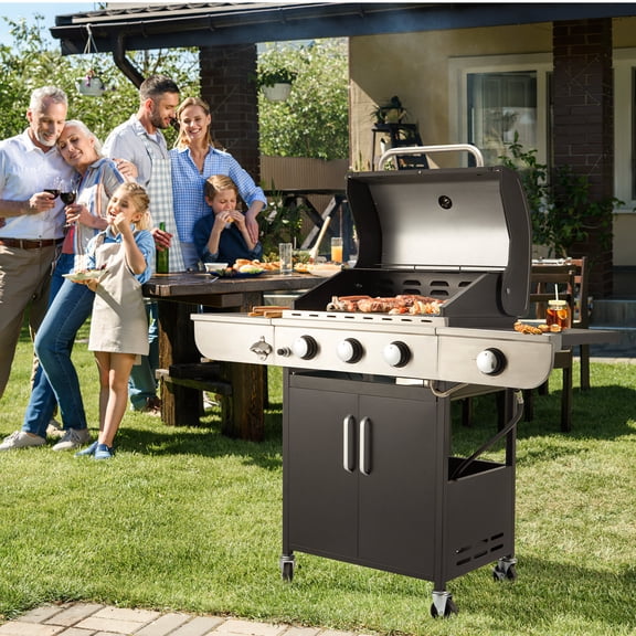 U-HOMY 3-Burner Countertop Propane Gas Grill with Side Burner, 24, 000 BTU Outdoor Barbecue Grill with Ceramic-Coated Cast Iron Grates, Thermometer, and Stainless Steel Lid for Patio, Backyard