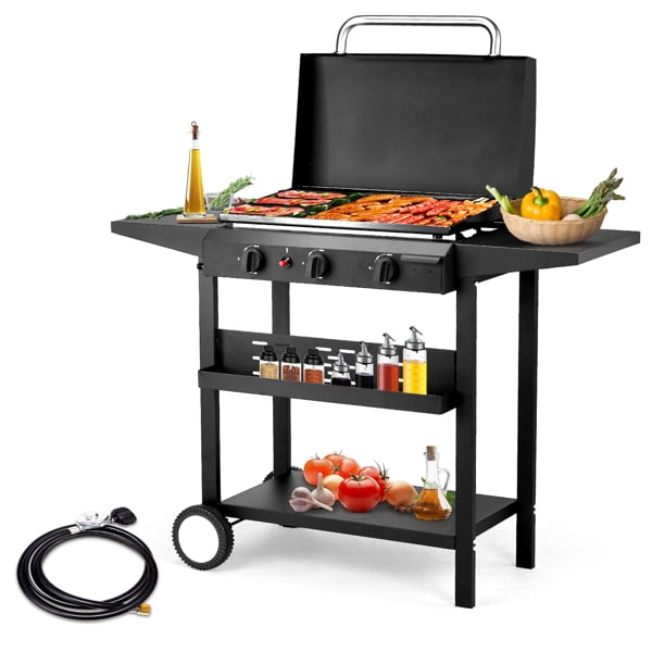 3-Burner Flat Top Gas Griddle Cooking Station 23.2x14.2 Inch, Ceramic-Coated Cast Iron, Precision Heat Control With Storage For Outdoor Barbecue Backyard Cookout