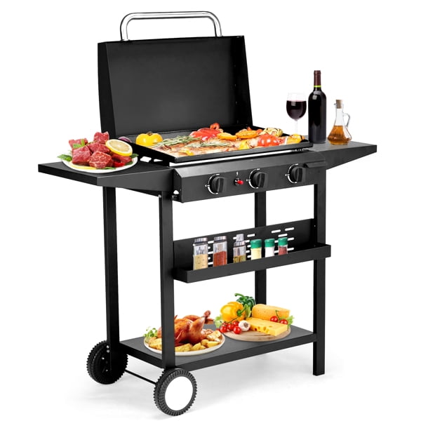 3-Burner Flat Top Gas Griddle Cooking Station with Ceramic Coated Cast Iron Pan for Outdoor Barbecue Backyard Cookout