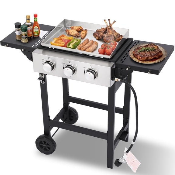 3-Burner Flat Top Gas Grill with Stainless Steel Griddle, Includes Cover & Regulator - Perfect for Camping, Tailgating, Backyards