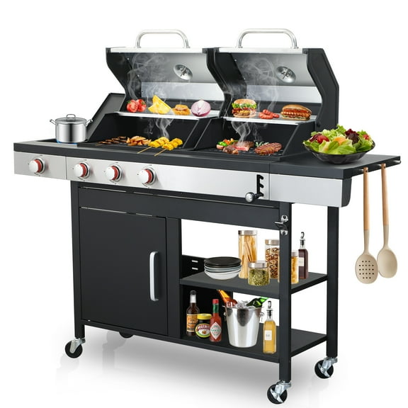 3-Burner Gas and Charcoal Combo Grill with Griddle Plate, 37,230 BTU, Stainless Steel & Enameled Grates, Side Burner + Storage Cabinet for Backyard, Tailgating, Teppanyaki