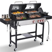 3 Burner Gas & Charcoal Combo Grill with Side Burner, Outdoor BBQ Propane Grill, 673 Sq. In. Cast Iron Grates & Reversible Griddle, 37200 BTU Stainless Steel Lid for Backyard Cooking