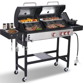 3 Burner Gas & Charcoal Combo Grill with Side Burner, Outdoor BBQ Propane Grill, 673 Sq. In. Cast Iron Grates & Reversible Griddle, 37200 BTU Stainless Steel Lid for Backyard Cooking