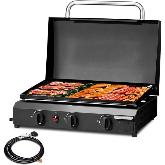 3 Burner Gas Griddle with Hood, Outdoor Propane Griddle, 30000 BTU Propane Fuelled, Portable Flat Top Gas Grill Camping Griddle with Lid for Outside Cooking Camping Tailgating
