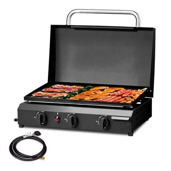 3-Burner Gas Griddle - Outdoor Flat Top Griddle Station, 30000 BTU Propane Cooktop, Ceramic Coated Cast Iron Pan, Portable BBQ Griddle for Backyard