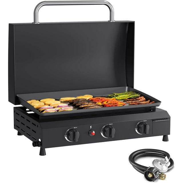 3 Burner Gas Griddle with Hood- 23.3 Inch Outdoor Propane Griddle-45000 BTU Propane Fuelled, Portable Flat Top Gas Grill Camping Griddle with Lid