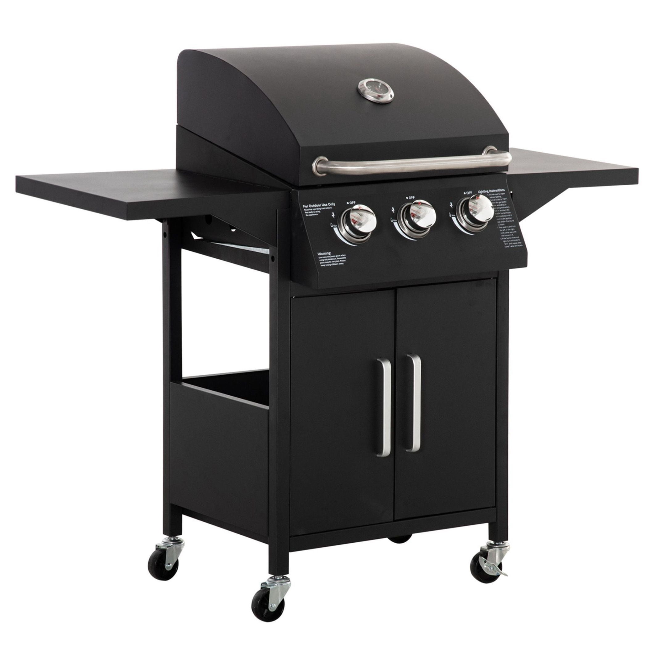 3 Burner Gas Grill Portable BBQ Trolley with Wheels Black - Outdoor Propane Grill for Patio & Camping