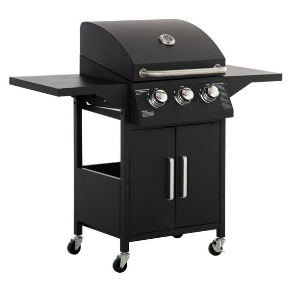 3 Burner Gas Grill Portable BBQ Trolley with Wheels Black - Outdoor Propane Grill for Patio & Camping