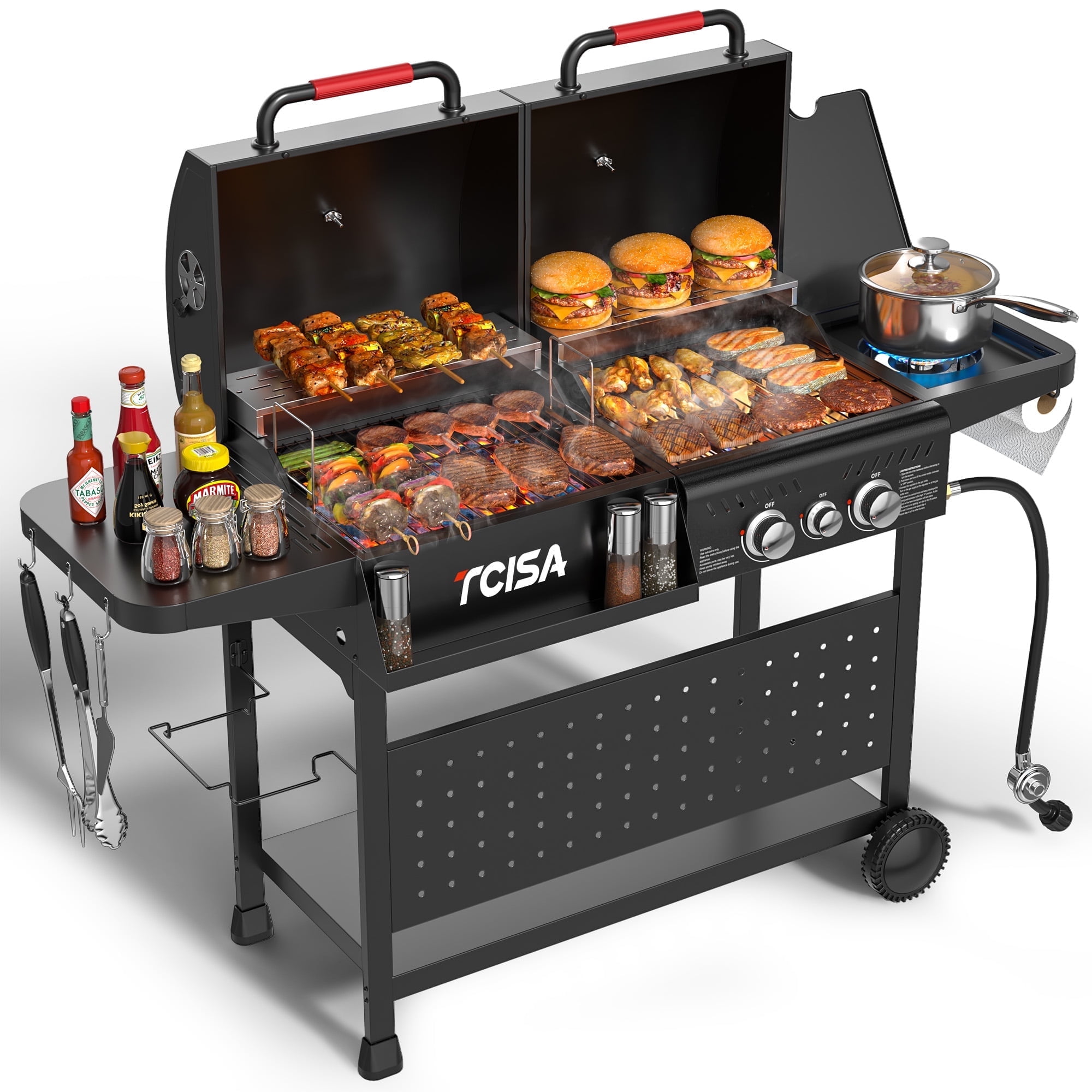 Tcisa 3-Burner Gas & Charcoal Grill Combo with 30,000 BTU, Dual Fuel BBQ Grill, 748 SQ.in Cooking Space, for Backyard BBQ, Outdoor Cooking