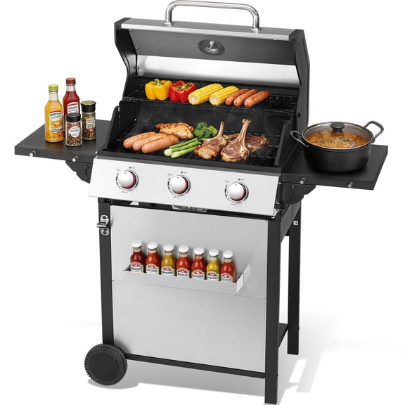 3 Burner Gas Grill with Double-Layer Stainless Steel Lid, 30,000 BTU Patio Garden Barbecue Grill with Folding Side Tables