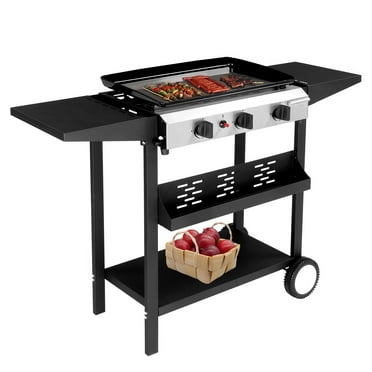 3-Burner Gas Griddle, 23’’ Outdoor Propane Griddle on Wheels, 30,000BTU Flat Top Griddle W/Side Table, Spice Rack, Patio Camping BBQ Grill