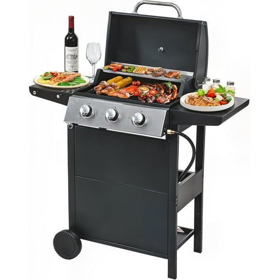 3 Burner Grill Propane Gas Grill, Outdoor Stainless Steel 25650 BTU Patio Garden BBQ Grill with Lid, Wheels, RV Camping Barbecue