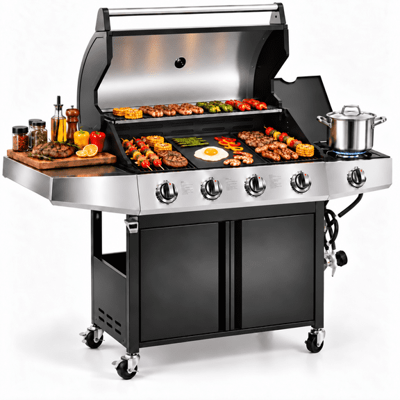 Syngar 4 Burner Bbq Gas Grill with Side Burner, Propane Grill, 605 Sq. in. Cooking Area, 50,000 Btu, Stainless Steel, Porcelain Grates, Bottle Opener
