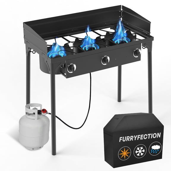 3 Burner Propane Camp Stove,225,000 BTU with Windscreen,0-20 PSI Regulator,Equipped Waterproof Cover & Detachable Legs for Camping Backyard Outdoor Cooking