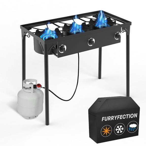 3 Burner Propane Camp Stove,225,000 BTU with 0-20 PSI Regulator,Equipped Waterproof Cover & Detachable Legs for Camping Backyard Outdoor Cooking