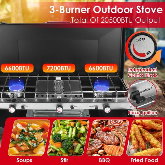 3 Burner Propane Camping Stove 20000 BTUs Portable Camp Grill With Adjustable Burners Push Button Ignition Built in Handle