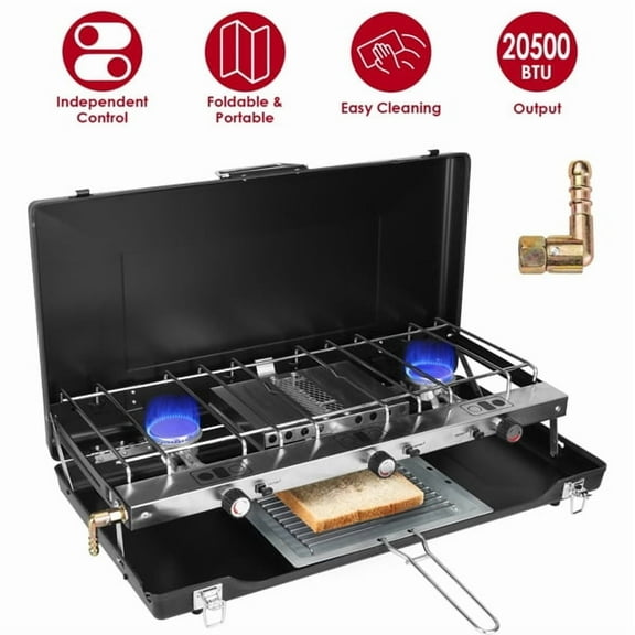 3-Burner Propane Camping Stove 20000 BTUs, Portable Camp Stove with 3 Adjustable Burners and Push-Button Instant Ignition, Portable Camping Grill, Built-in Carrying Handle
