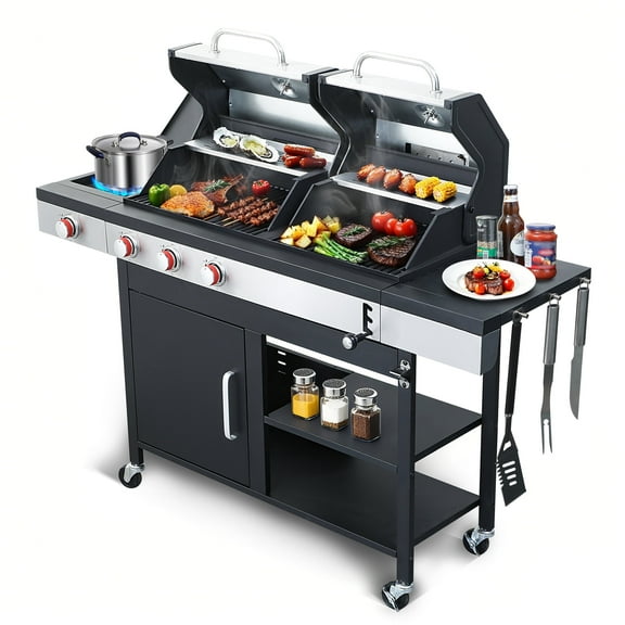3-Burner Propane & Charcoal Combo Grill with Side Burner - 37,230 BTU Outdoor BBQ - Ceramic Cast Iron Grates & Stainless Steel Warming Rack - Backyard Barbecue