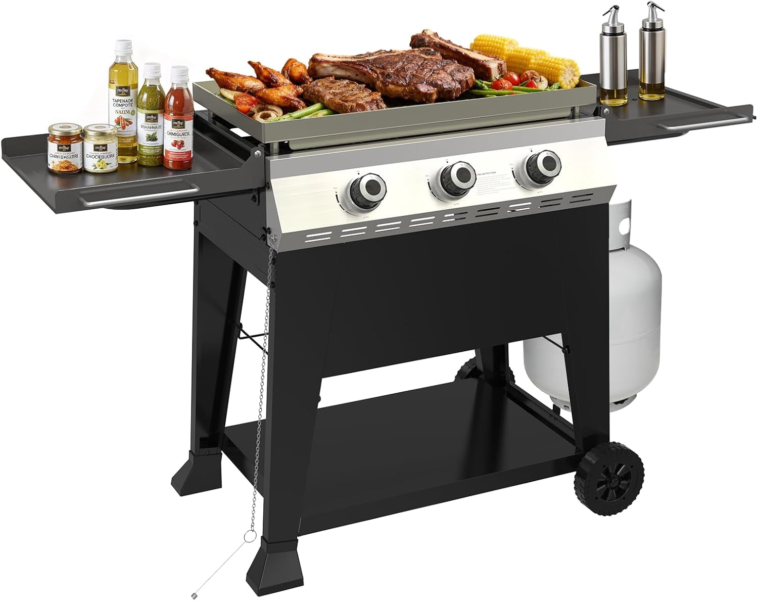 3-Burner Propane Flat Top Griddle Grill, 36,000 BTU Outdoor Gas Griddle with 420 Sq. In. Cooking Area, Folding Side Shelves & Rolling Wheels, Black