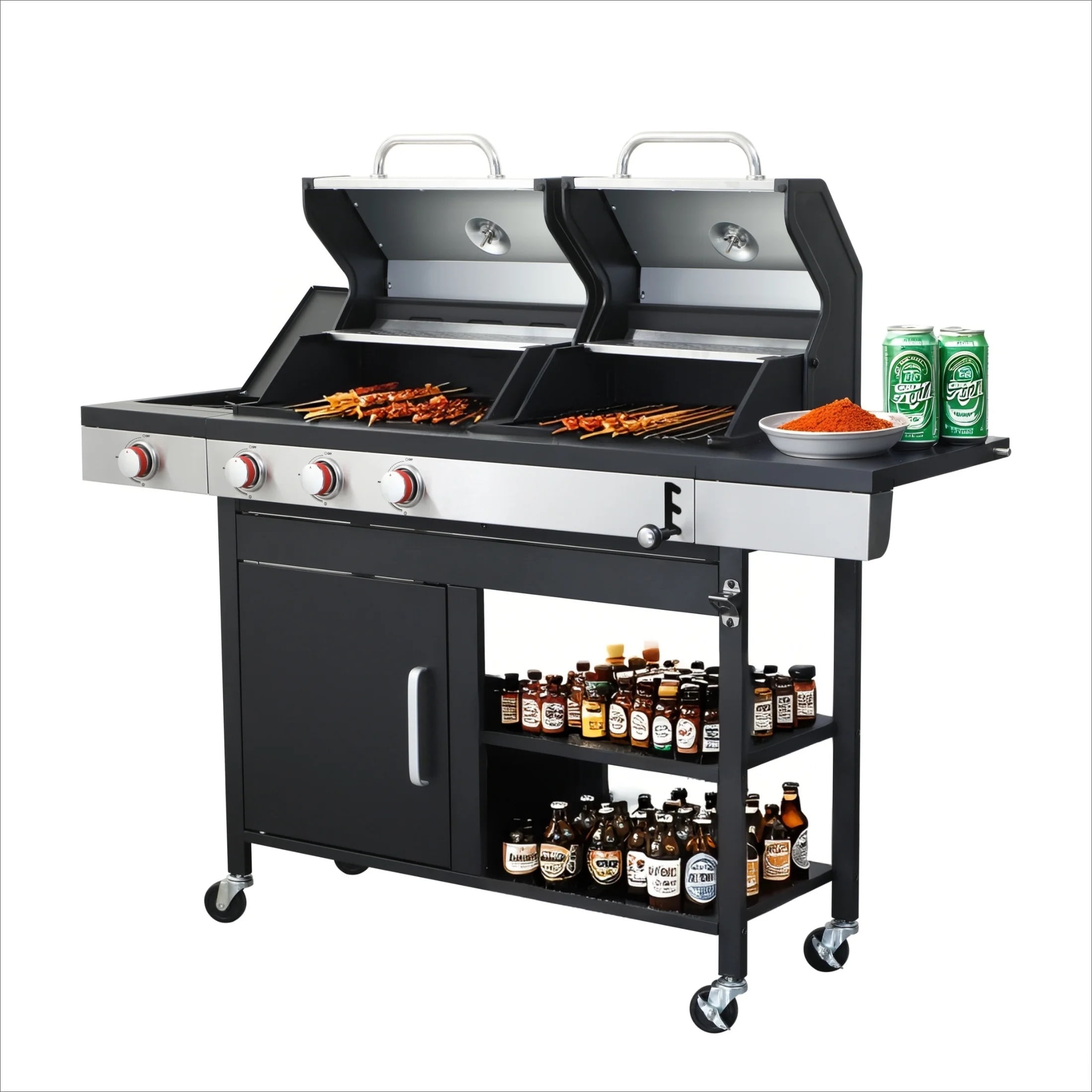 Black Stainless Steel Dual Gas & Charcoal Grill with Side Burner